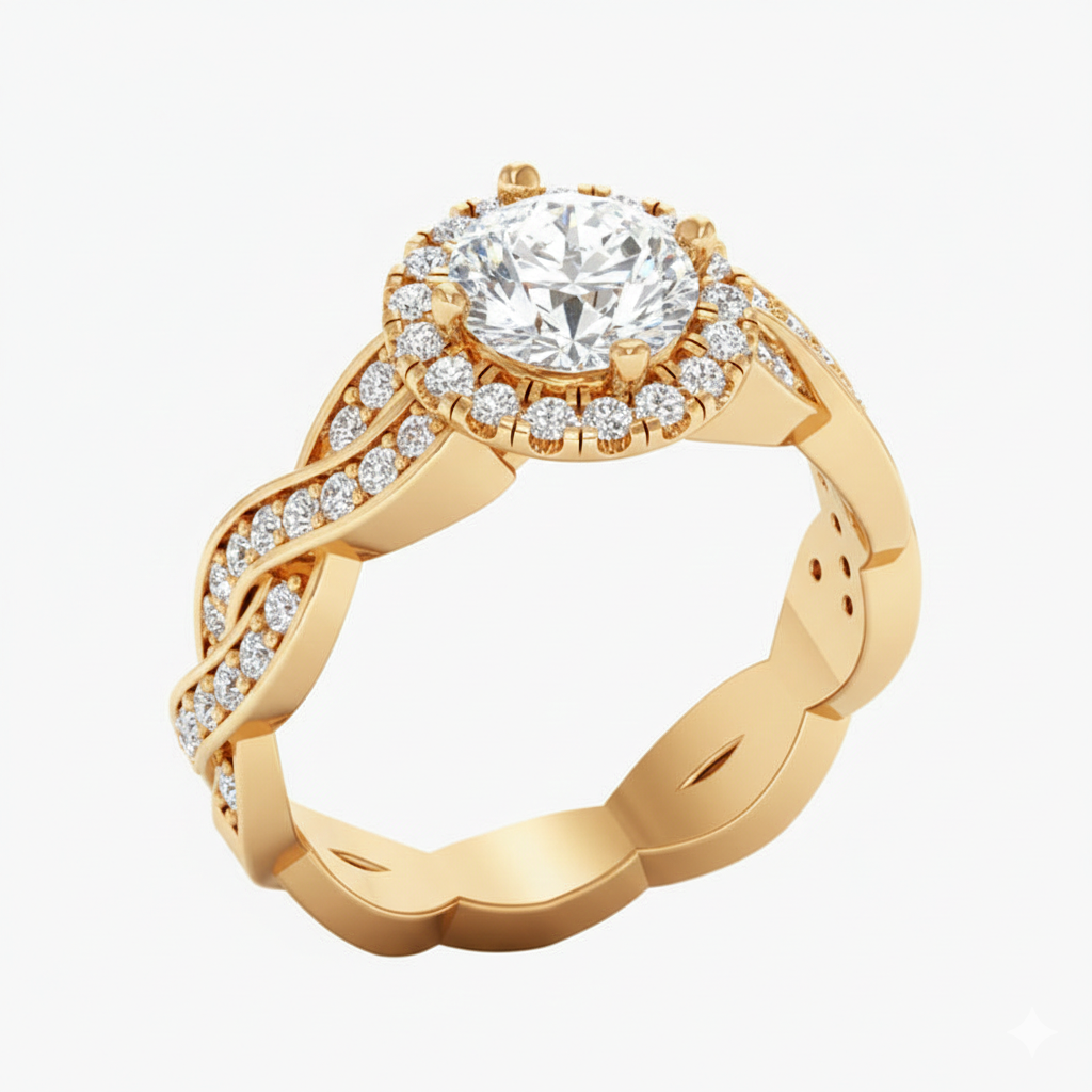 Gold ring with a large diamond and smaller diamonds on a white background