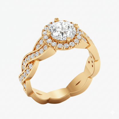 Gold ring with a large diamond and smaller diamonds on a white background
