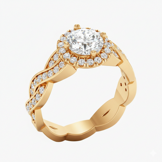 Gold ring with a large diamond and smaller diamonds on a white background