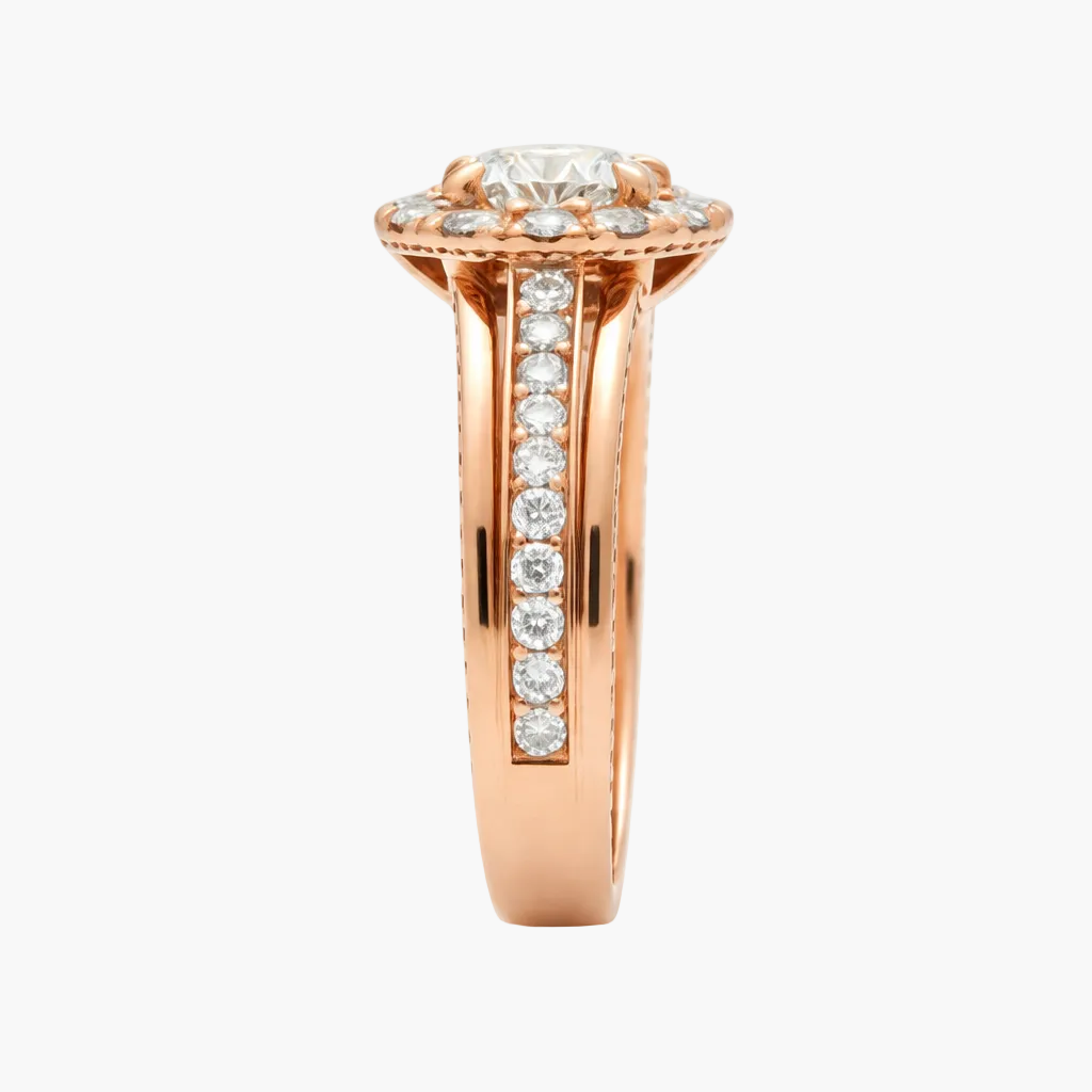Rose gold ring with diamonds on a white background