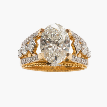 Gold ring with a large diamond and smaller diamonds on a white background