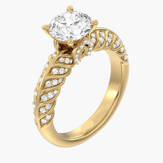 Gold ring with a large diamond and intricate design on a white background