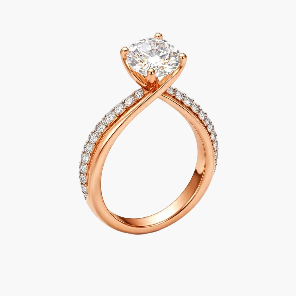 Rose gold ring with a large diamond and smaller diamonds on the band against a white background