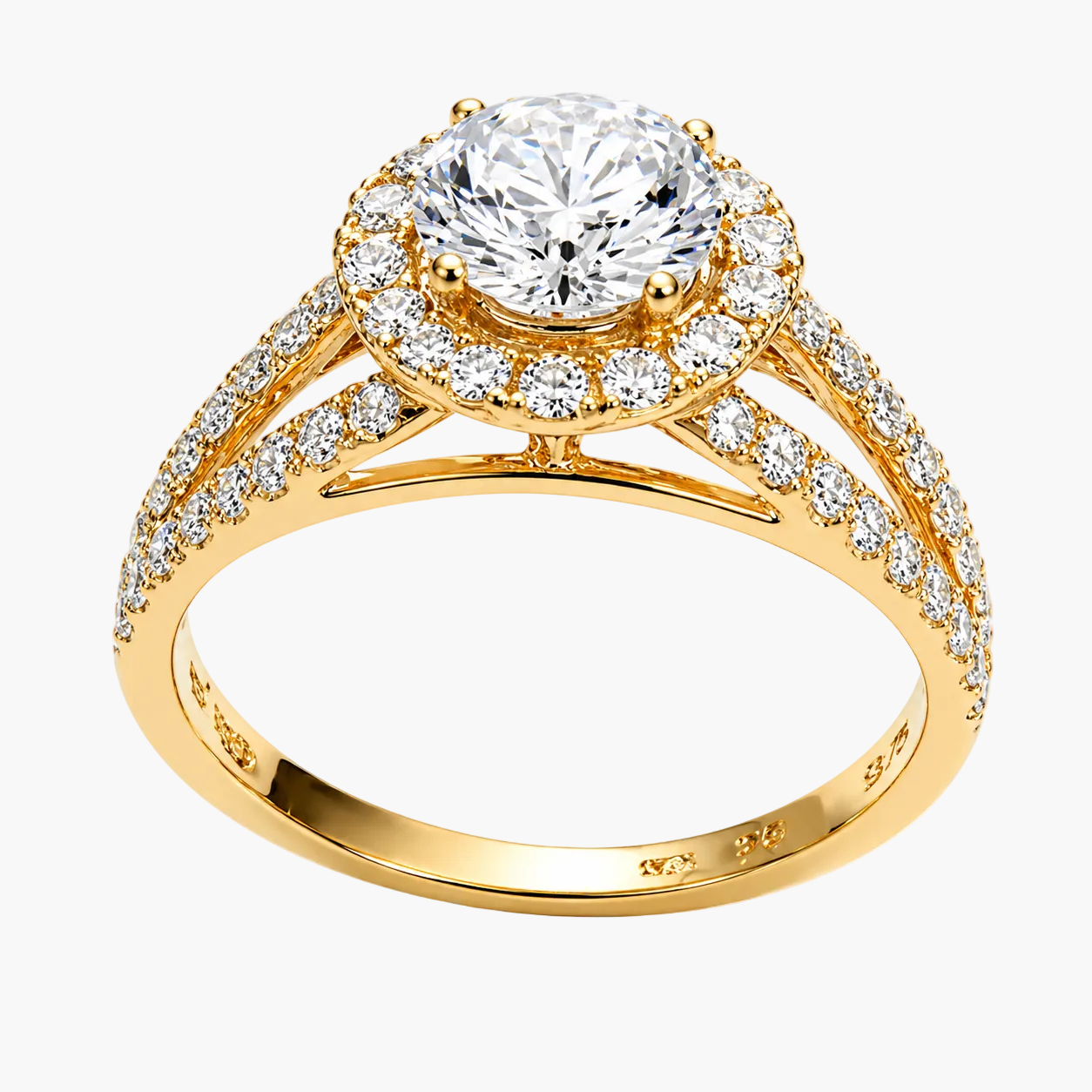 Gold ring with a large diamond and smaller diamonds on the band against a white background