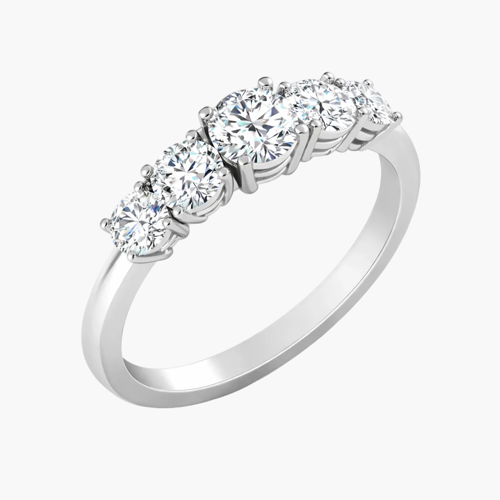 Diamond ring with four clear gemstones on a white background