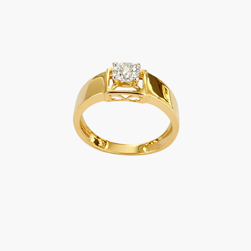 Gold ring with a diamond on a white background