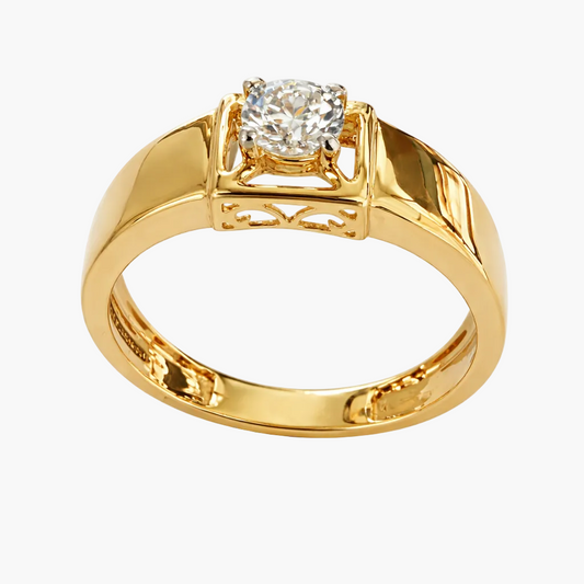 Gold ring with a diamond on a white background