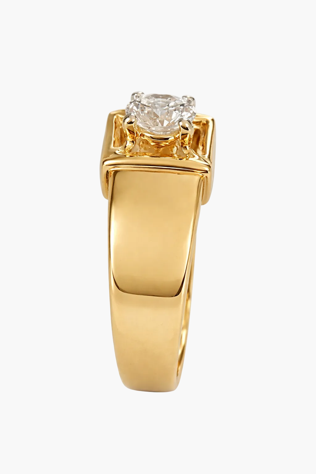 Gold ring with a diamond on a white background