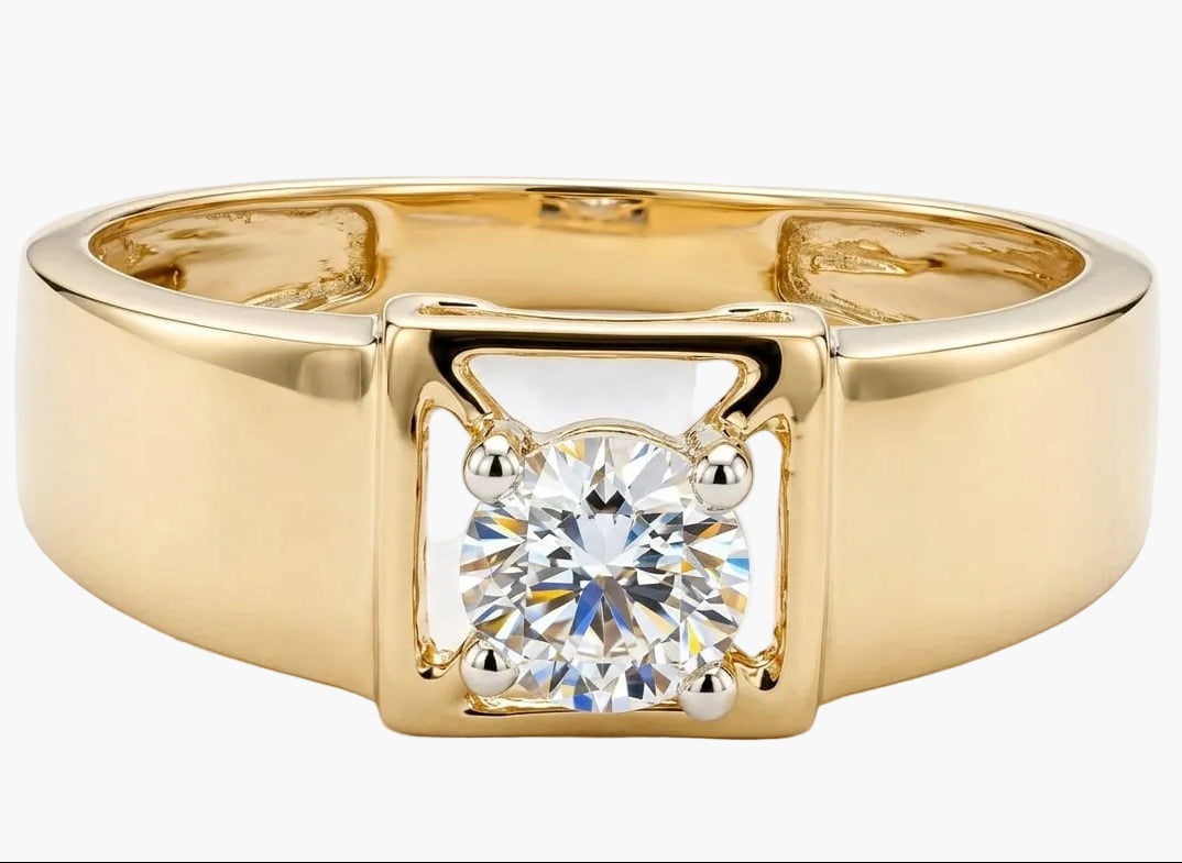 Gold ring with a diamond on a white background
