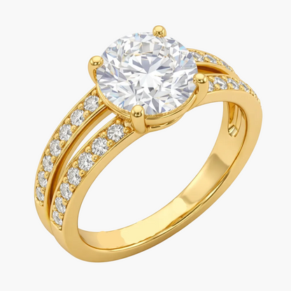 Gold ring with a large diamond and smaller diamonds on a white background