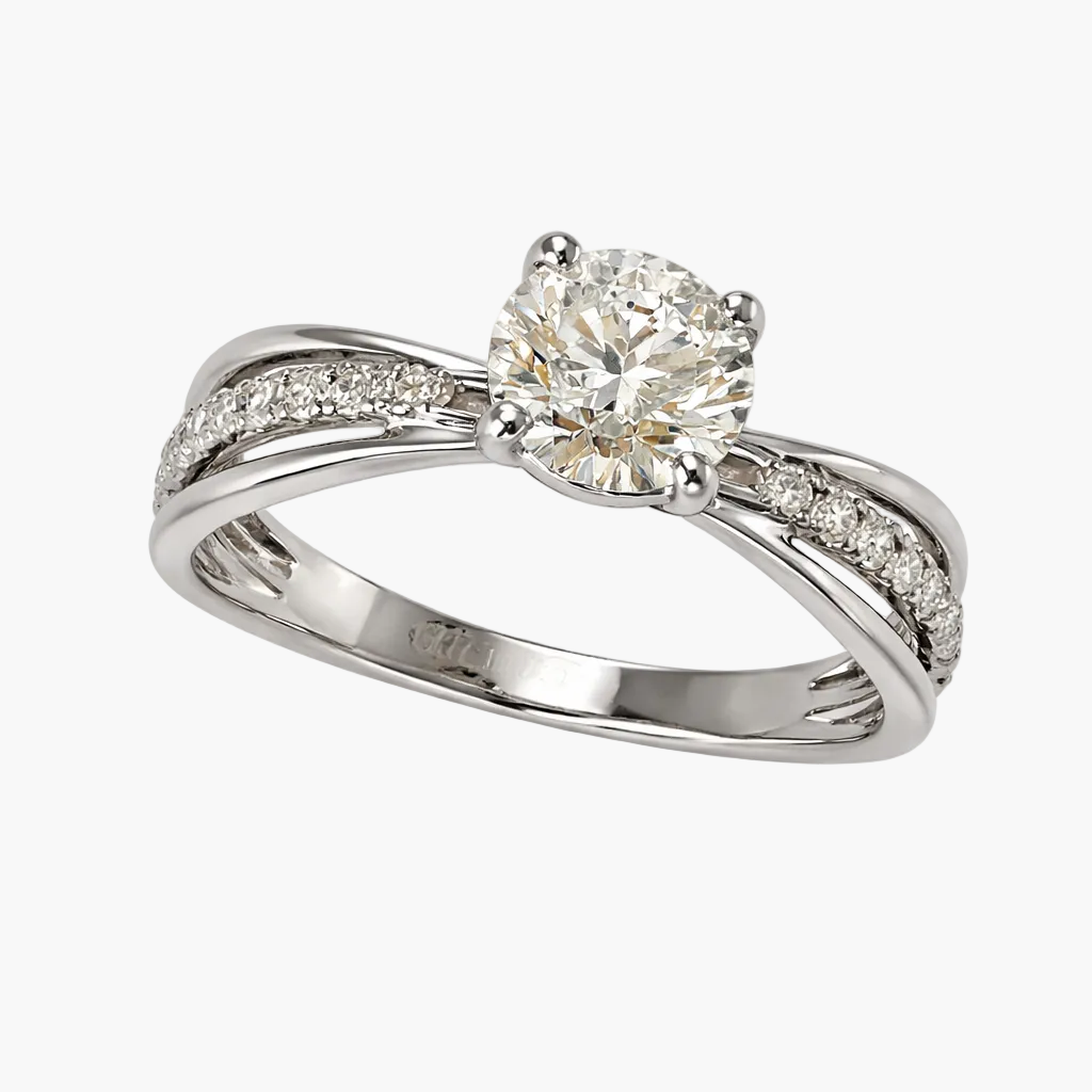 Diamond ring with a bow design on a white background