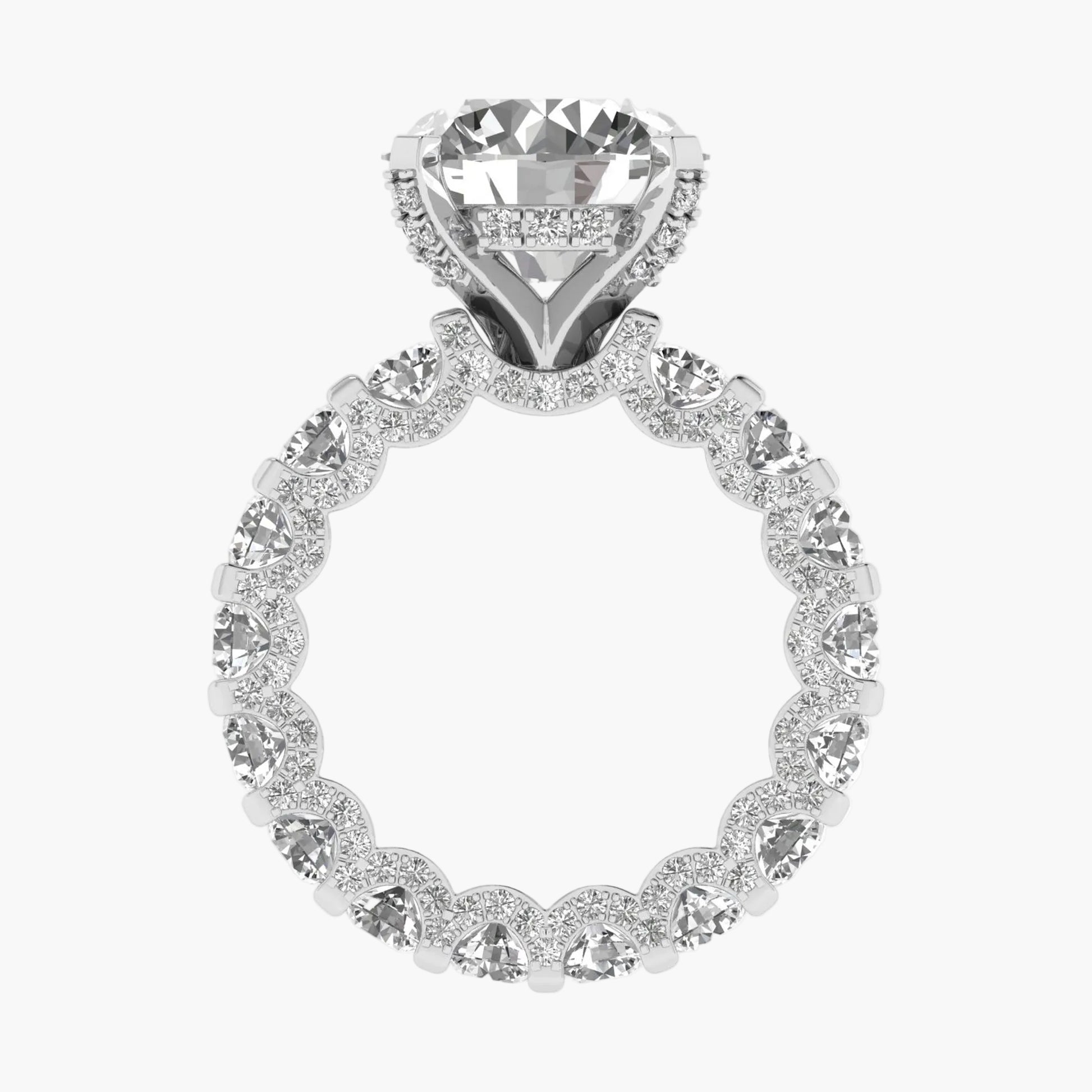 Diamond ring with a heart-shaped center stone on a white background