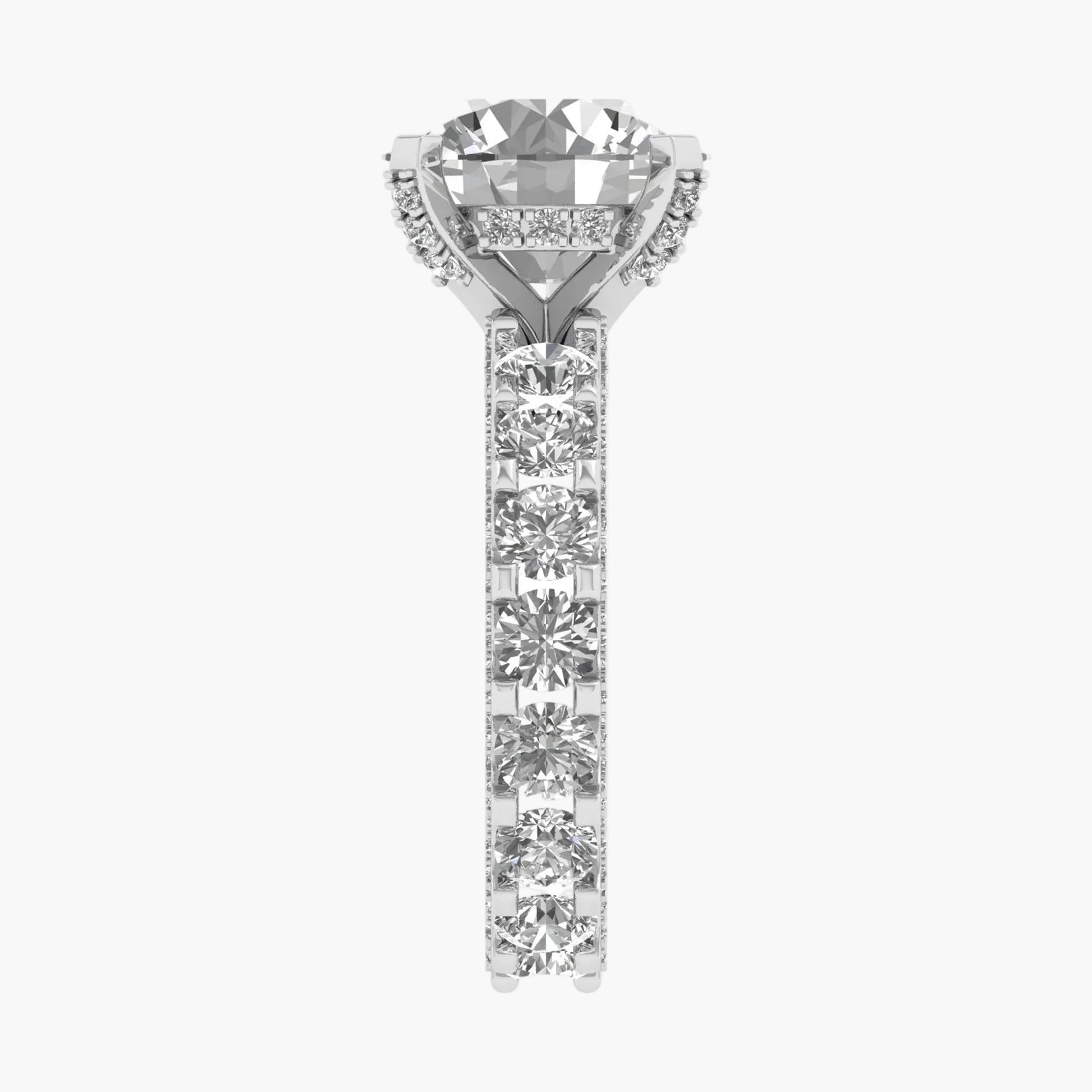 Diamond ring with a central stone and smaller stones on a white background