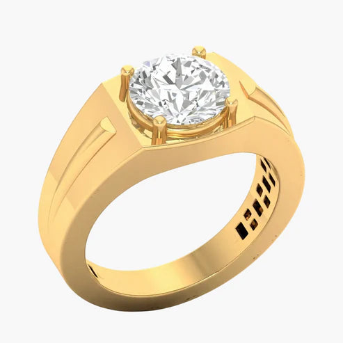 Gold ring with a large diamond on a white background