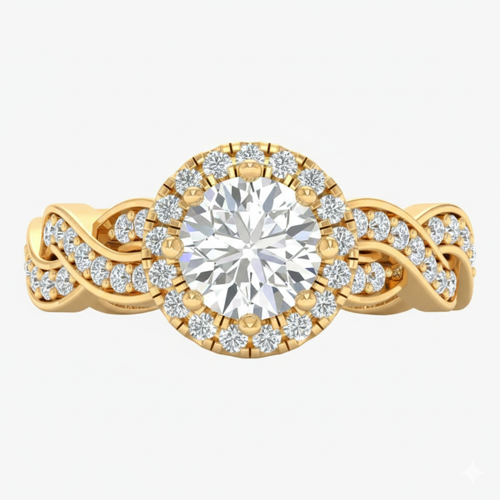 Gold ring with a large diamond and smaller diamonds on a white background
