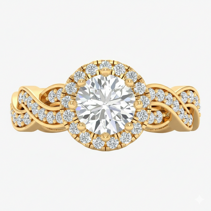 Gold ring with a large diamond and smaller diamonds on a white background