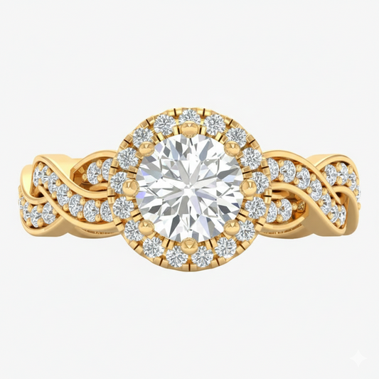 Gold ring with a large diamond and smaller diamonds on a white background