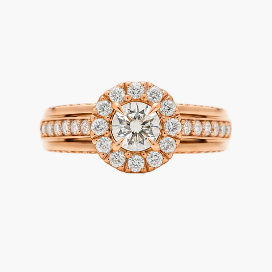 Rose gold ring with diamond accents on a white background
