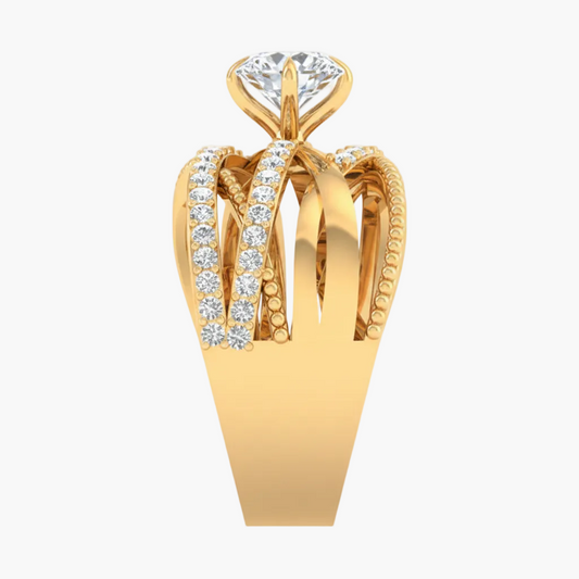 Gold ring with diamond accents on a white background