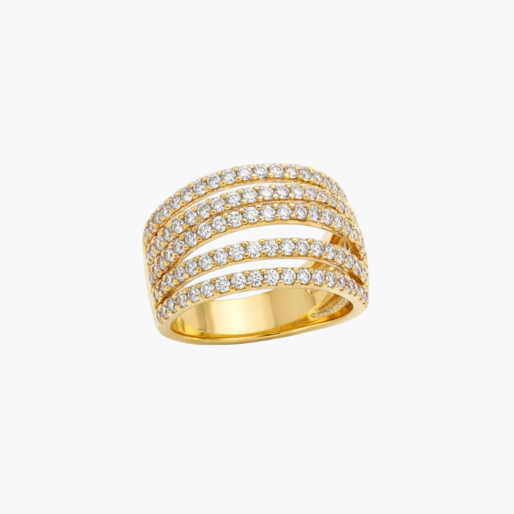 Gold ring with multiple diamond bands on a light gray background