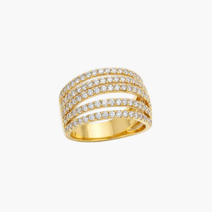 Gold ring with multiple diamond bands on a light gray background