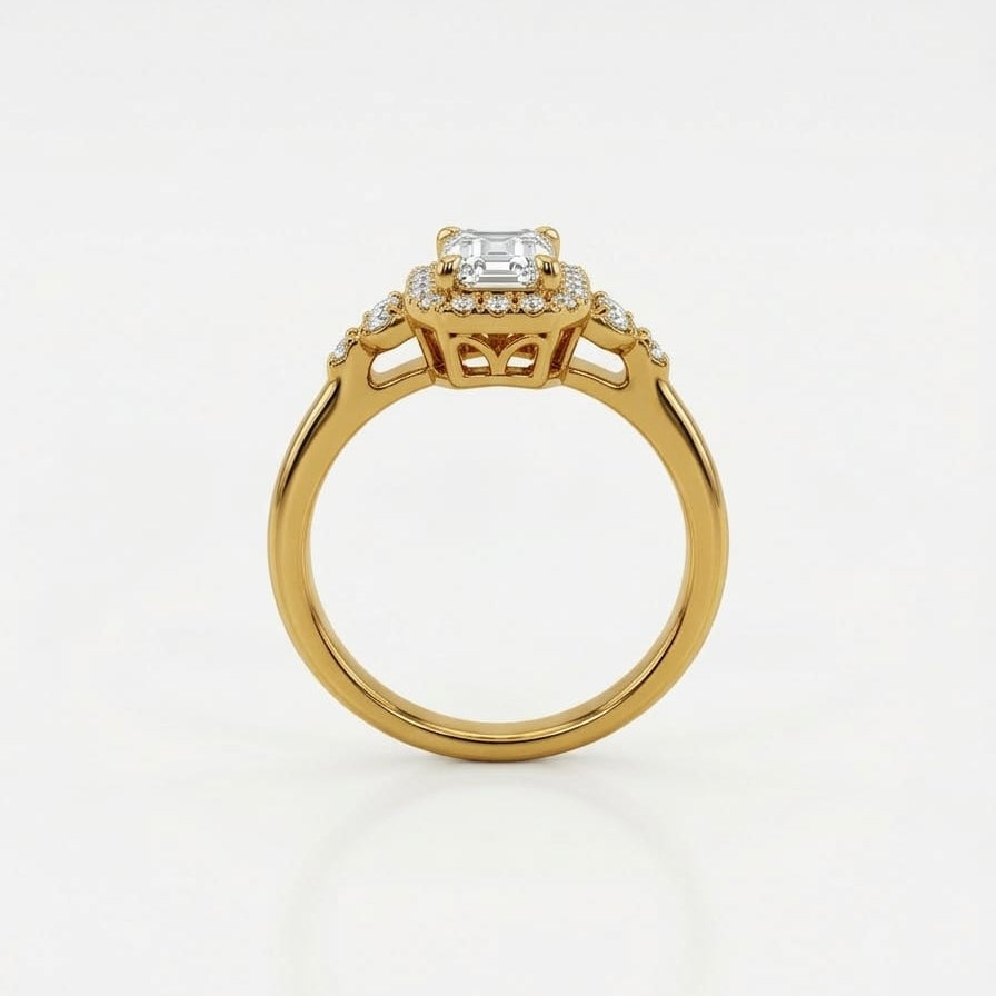 Gold ring with a diamond on a white background