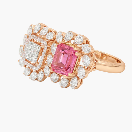 Rose gold ring with a pink gemstone and diamond accents on a white background