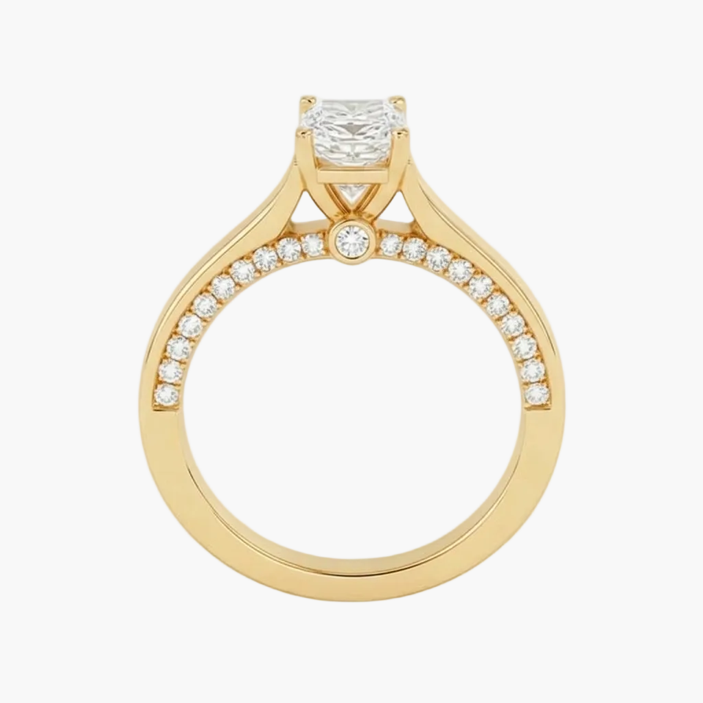 Gold ring with diamonds on a white background