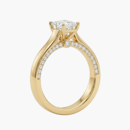 Gold ring with a diamond on a white background