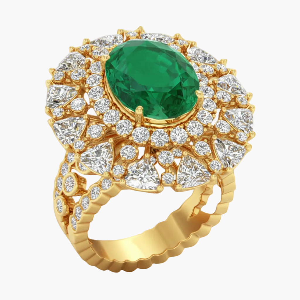 Gold ring with a green gemstone and diamond accents on a white background