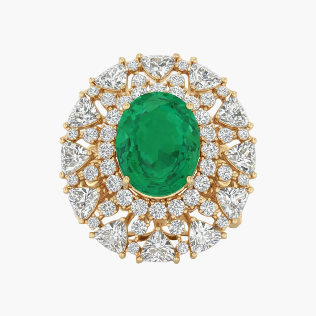 Gold ring with a green gemstone and diamond accents on a white background