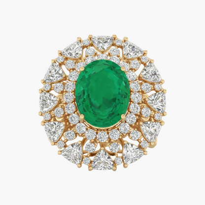 Gold ring with a green gemstone and diamond accents on a white background
