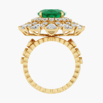 Gold ring with a green gemstone and diamond accents on a white background