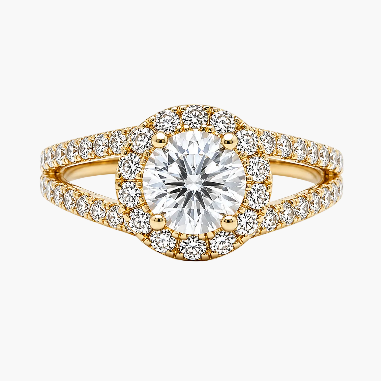Gold ring with a large diamond and smaller diamonds on a white background