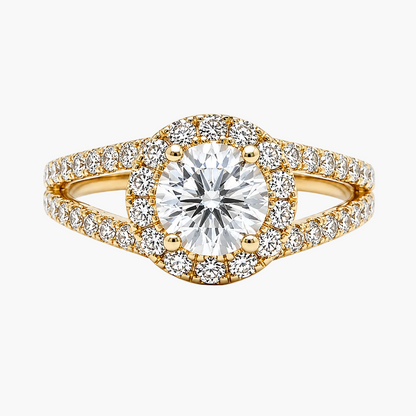 Gold ring with a large diamond and smaller diamonds on a white background