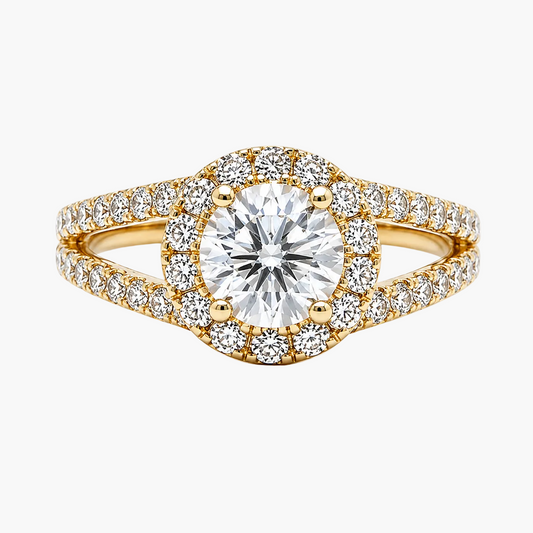 Gold ring with a large diamond and smaller diamonds on a white background