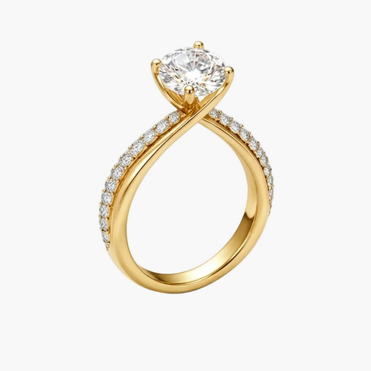 Gold ring with a diamond on a white background