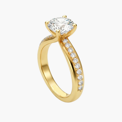 Gold ring with a large diamond and smaller diamonds on the band against a white background