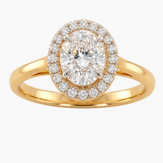 Gold ring with a large diamond and smaller diamonds around on a white background