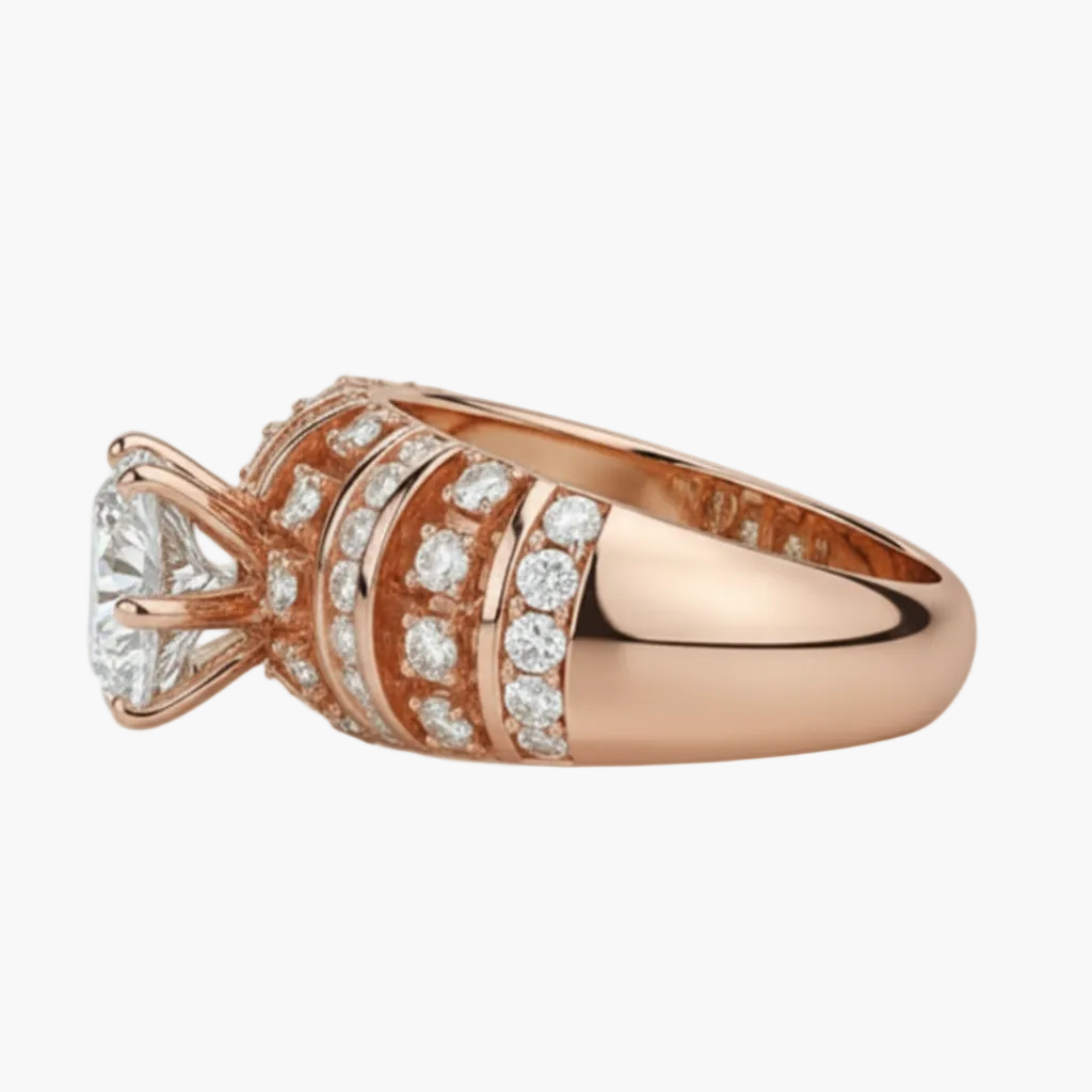 Rose gold ring with diamond accents on a white background