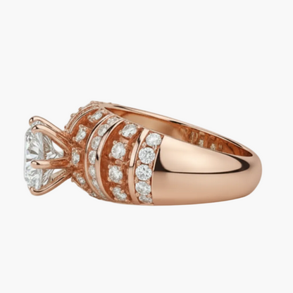 Rose gold ring with diamond accents on a white background