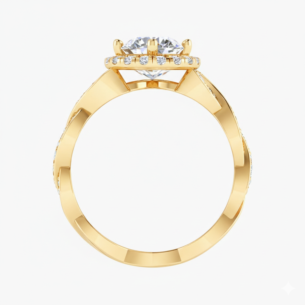 Gold ring with a diamond on a white background
