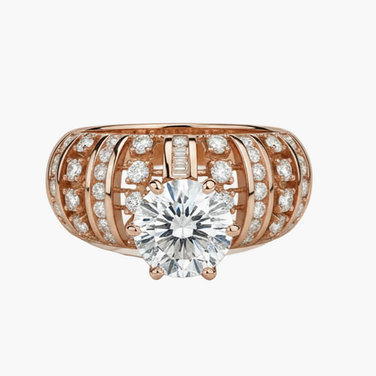 Rose gold ring with a large diamond and smaller diamonds on a white background