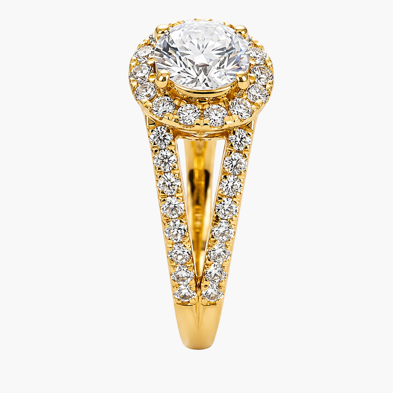 Gold ring with a large central diamond and smaller diamonds around on a white background