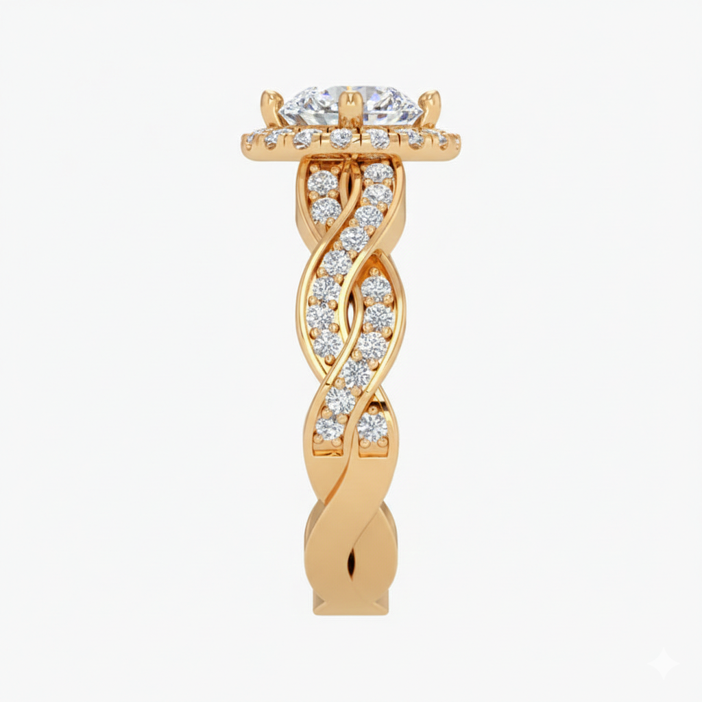 Gold ring with diamond accents on a white background