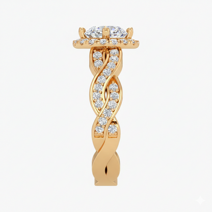 Gold ring with diamond accents on a white background