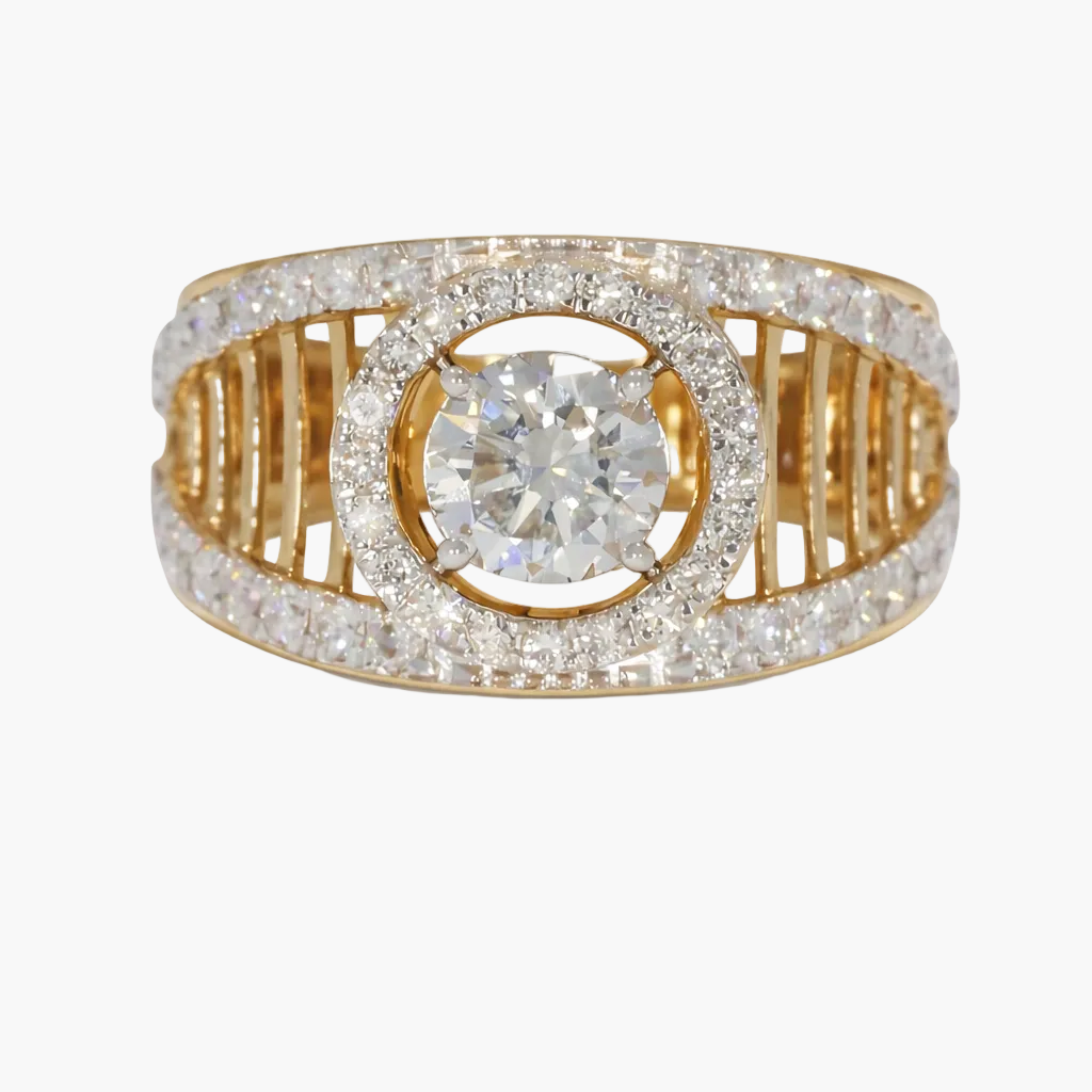 Gold ring with a large diamond and smaller diamonds on a white background
