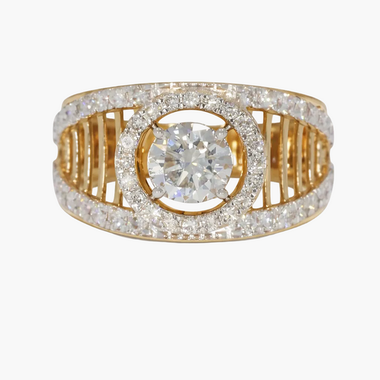 Gold ring with a large diamond and smaller diamonds on a white background