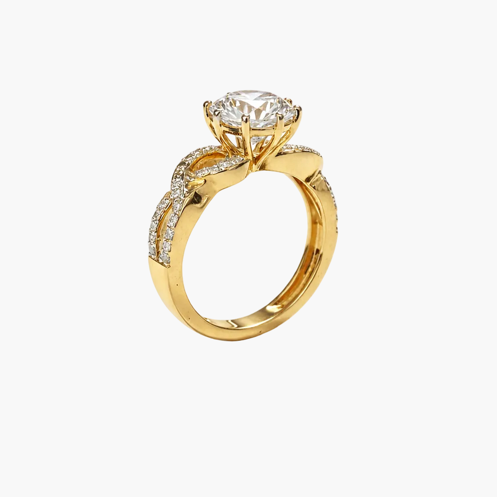 Gold ring with a large diamond and smaller diamonds on a white background