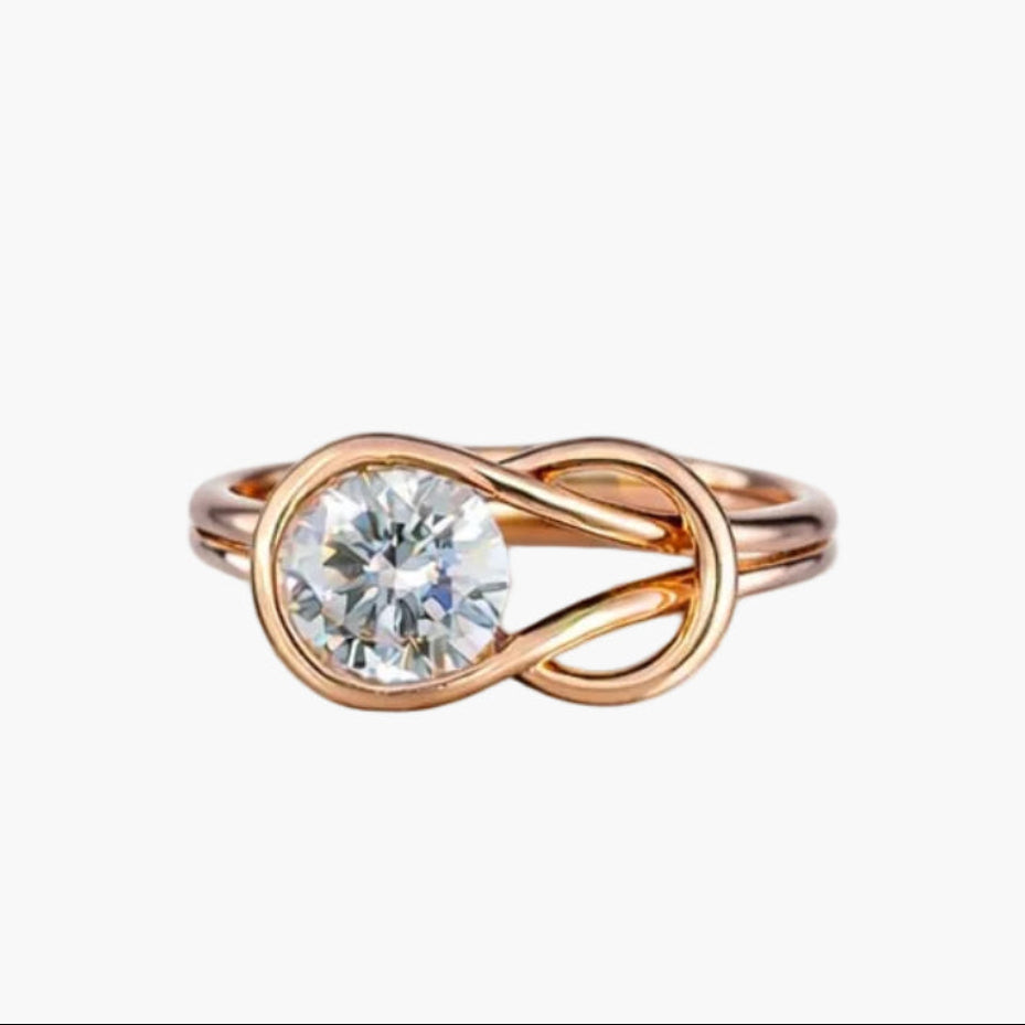 Rose gold ring with a diamond on a white background